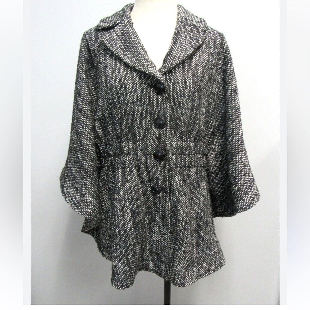 Jonathan Stone Vintage Black & White Tweed Full Button Sleeve Cape Coat Lined M